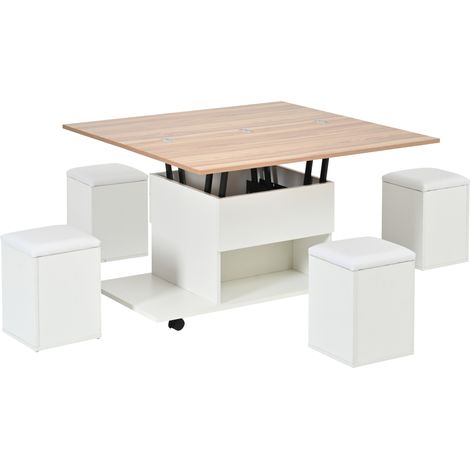Tavolino da salotto elevabile multifunzione 3 in 1 con contenitore e 4 sgabelli, bianco e legno (1/5)