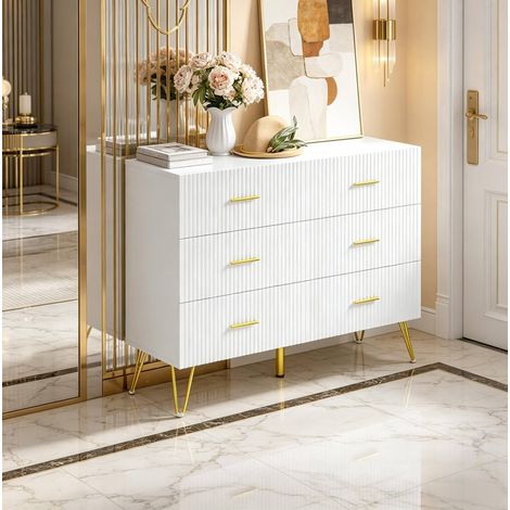 Comò in truciolare bianco e oro, 6 cassetti, frontali rigati, 100 x 40 x 75 cm (1/5)
