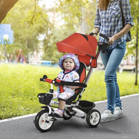 Tricycle 6-en-1 pour enfants avec barre de poussée - sangle - rouge - toit - panier de rangement - 18+ mois - Moderne