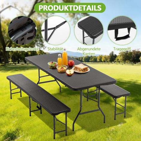 Table pliante 6 pieds + 2 bancs,ensemble camping 3 pièces plateau HDPE. Résistant UV et eau,verrouillage sécurité,coloris noir.