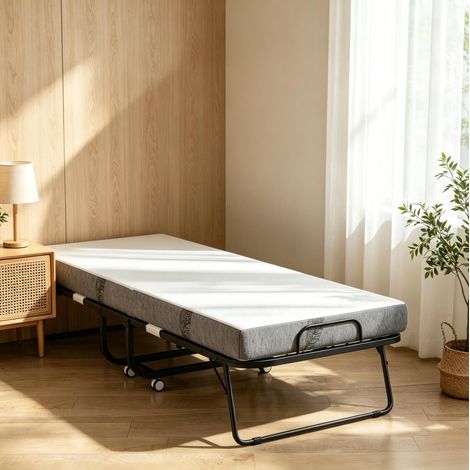 Lit pliant 1 place 200x80 cm en acier noir avec matelas - CHICFURN (1/5)