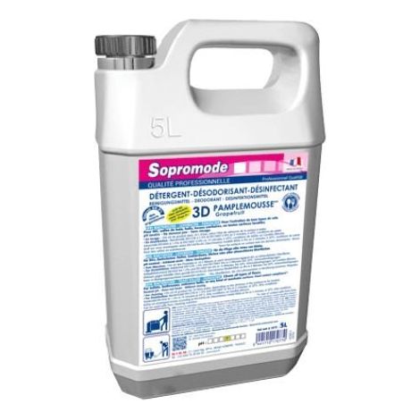 Nettoyant Sol et Surfaces 3D SOPROMODE - Parfum Pamplemousse - Sans Rinçage - 99,9% Micro-Organismes - Bidon 5L