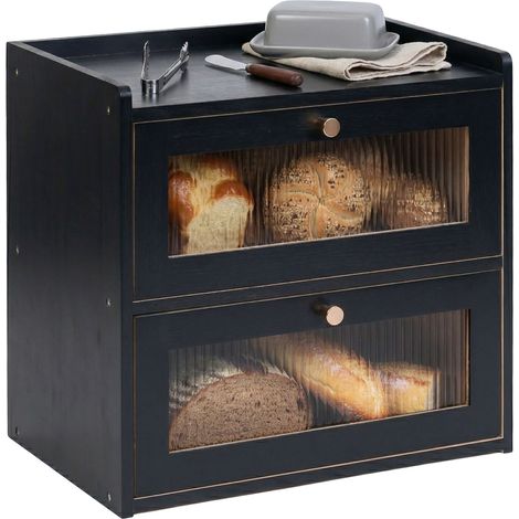 Relaxdays Brotkasten Bambus, 2 Etagen, Brotlade mit Sichtfenstern, Klapptüren, HBT: 34 x 36,5 x 24 cm, Brotbox, schwarz