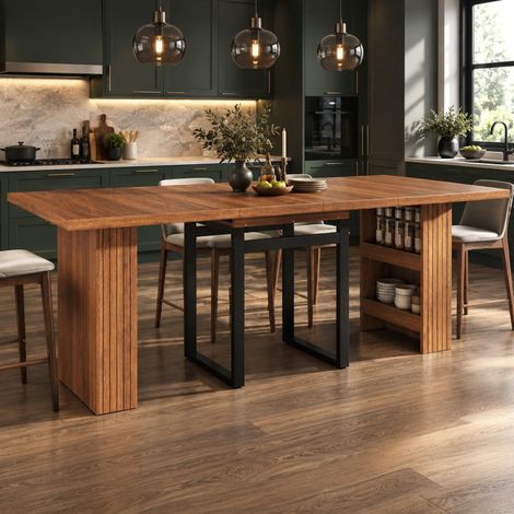 Mesa de comedor extensible de 120 a 200 cm con almacenaje oculto, tablero MDF marrón oscuro y patas de metal negro – CHICFURN para cocina, salón y hogar (1/5)