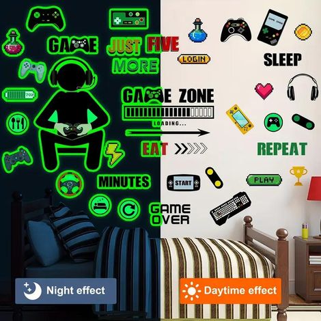 Pegatinas de pared para gamers, pegatinas fosforescentes, pegatinas de pared para mandos de videojuegos, decoración para la sala de juegos, pegatinas de videojuegos para habitaciones infantiles o sala (1/5)
