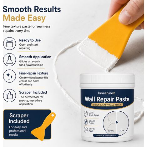 KineShineX Wandreparaturpaste ist eine Paste zur Reparatur von Innenwänden, die schnell Risse in der Wand und Nagellöcher füllt und abblätternde Farbe repariert. (1/5)