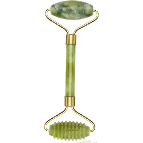 Jade Roller Rouleau de massage pour le visage 100 % pierre naturelle anti-âge pour le gonflement des yeux, raffermissement de la peau, rajeunissement du visage et du cou, vert naturel (1/5)