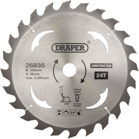 Draper TCT Construction Circular Saw Blade – 305mm Diameter, 30mm Arbor, 24 Teeth, Suitable for TCT Saws