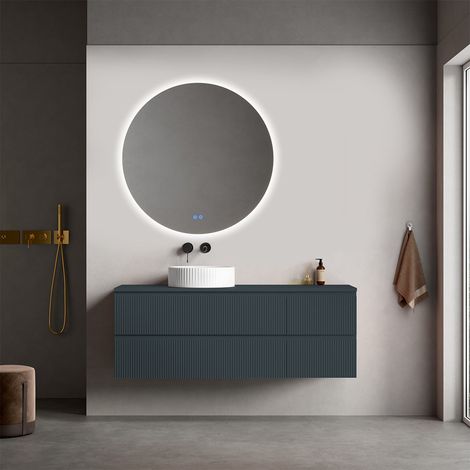 Mobile bagno sospeso cannettato reversibile  140 cm Blu Mare per Lavabo d'appoggio Specchio Tondo Retroilluminato - Fiji Paint Top Canneté (1/4)