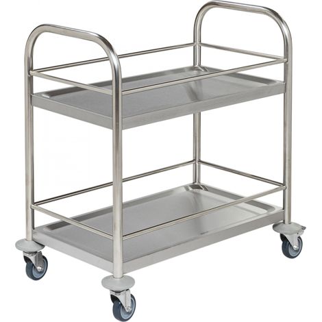 Kongamek kleiner Edelstahl- Tischwagen rostfrei mit 2 Böden 665x365mm mit Umrandung und Bremse