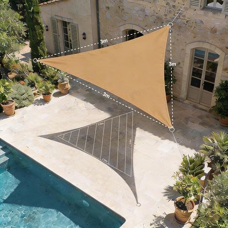 Voile d'ombrage Triangulaire 3x3x3 m, Toile Ombrage HDPE Respirant (185g/㎡), Filet dombrage 3x3x3m avec Protection UV pour Patio Jardin Terrasse Extérieur, Sable (1/5)