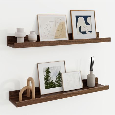 Étagère murale en bois de 60 cm, étagère murale en noyer avec tablette pour cadres et livres, lot de 2, étagère flottante en MDF la cuisine, le salon, la chambre, le bureau et le coin lecture. (1/5)