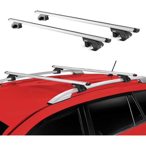 OMAC Barres de toit aluminium certifiées TÜV pour Universal – Pour rails de toit standards – Rainure en T – Charge max 90 kg – 2 antivols Argent (1/4)