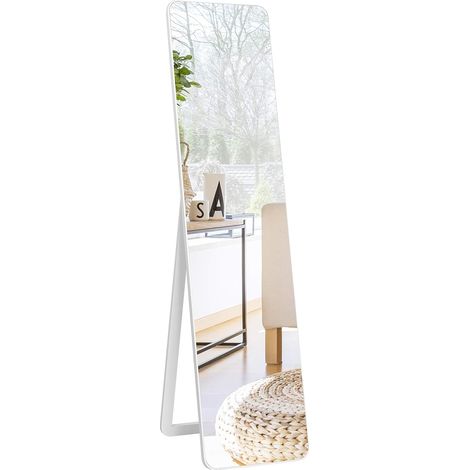 COSTWAY Miroir sur Pied Rectangulaire, Miroir Mural en Style Contemporain, Bord Rond, pour Chambre, Salon, Salle de Bain, 160 x 37cm, Blanc (1/5)