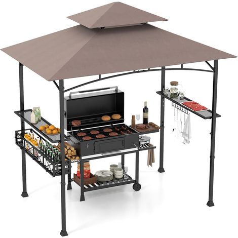 COSTWAY 242 x 153 cm Outdoor Grill Gazebo Double Tiered BBQ Canopy Tent w/ 2 Side Shelves