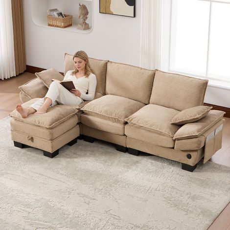 Modulares 3-Sitzer Cordsofa mit Hocker und Stauraum, ergonomische Sitzfläche, integrierter USB-C Anschluss und Seitentaschen, 260x132x84 cm, Khaki (1/5)