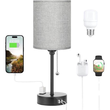 Lámparas de mesa con 3 temperaturas de color - 2700K 3500K 5000K Lámparas de noche con puertos USB C y A, lámparas de cadena para dormitorios con enchufe, lámparas de noche con base de metal (1/5)