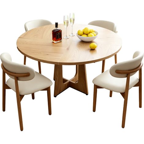 Juego de comedor redondo de 5 piezas en color roble, mesa MDF con chapa de roble y 4 sillas (1/4)