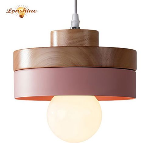 LONSHINE Moderne runde Pendelleuchte mit rosa Holz- und Metallschirm, E27 Deckenleuchte für Wohn- und Esszimmer (1/5)