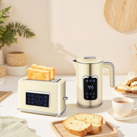 Frühstücksset mit Touch-LED-Display, 1,7-Liter-Wasserkocher (2200 W), 2-Scheiben-Toaster mit breiten Schlitzen, Creme