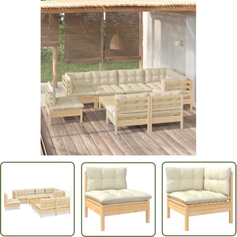 INLIFE Salon de jardin 9 pcs avec coussins crème Bois de pin massif (1/5)