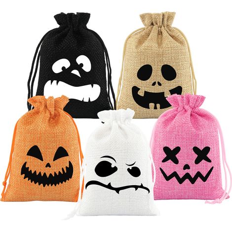 Lot de 20 sacs Halloween à cordon lin, 5 modèles à visage fantôme enfant, pochettes à bonbons (1/5)