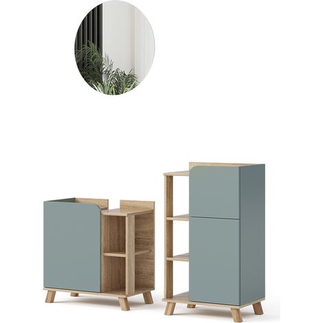 Ensemble de meubles de salle de bain Karen, Bleu-gris, 3 pièces, avec armoire de milieu, Vicco