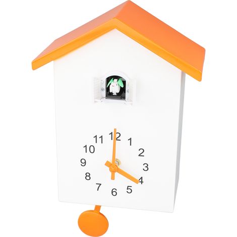 Horloge murale en forme de maison d'oiseau avec chant d'oiseau, élégante et décorative, à pendule, pour bureau, chambre, salon, toit orange (1/5)