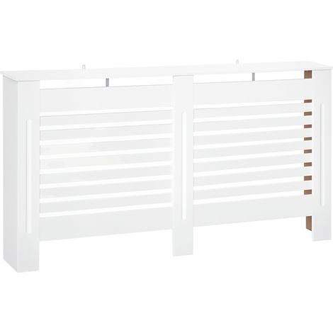 Cache radiateur blanc bois à lattes étagère rangement 172x19x81 cm, grand cache radiateur bibliothèque