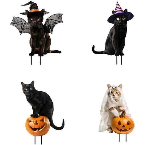 Set mit 4 Halloween-Gartendekorationen: Metallschild mit Kürbis und niedlicher Katze, ideal zum Dekorieren Ihres Hofes, Gartens oder Rasens. (1/5)