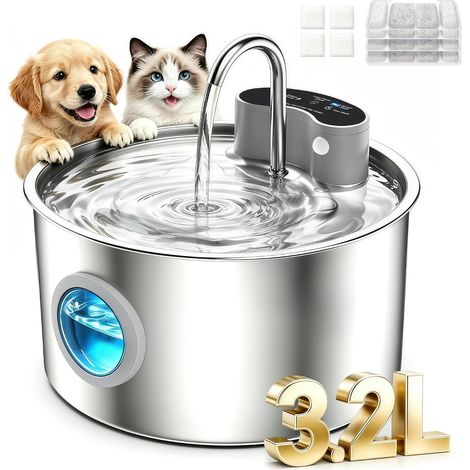 Fontaine a Eau Chat sans Fil, 3.2L Fontaine a Eau Chat INOX avec Capteur (1/5)