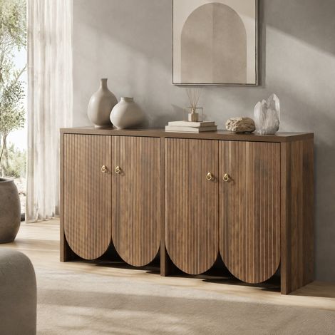 Sideboard 147x40x80 cm, 4 ante, ripiani regolabili, finitura noce, MDF, color legno (1/5)