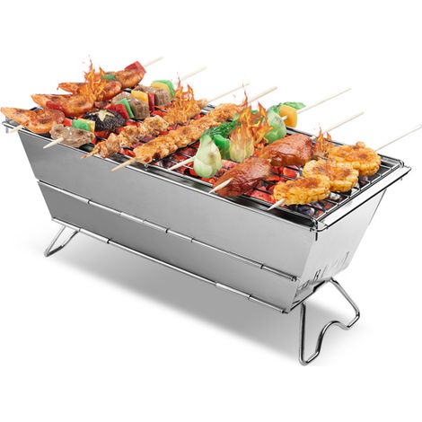 Barbecue de camping portable, pliable et facile à utiliser, sans outils. Réchaud à charbon de bois pliable en acier inoxydable avec boucle de rangement et bac à charbon intégré. (1/5)