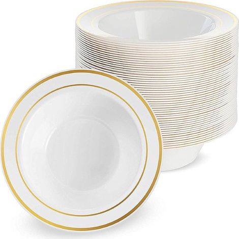 25 ciotole in plastica bianca con bordo dorato (360 ml) per matrimoni, compleanni, battesimi, Natale e feste - Robuste e riutilizzabili (1/5)