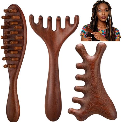 masseur de cuir chevelu en bois, 3 pièces pour massage de tête et cuir chevelu, brosse de massage en bois pour cheveux et tête, masseur de tête multifonction pour hommes et femmes (1/5)