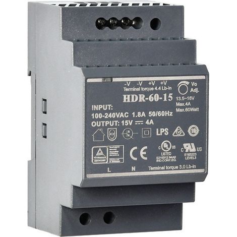 Hutschienen-Netzteil 60W 15V / 4A Schaltnetzgerät für DIN-Schiene TS35 (1/2)