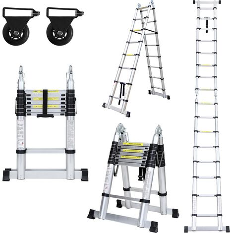 Randaco Teleskopleiter Ausziehleiter Klappleiter Stabil Aluminium Stehleiter bis 150kg 2,5m+2,5m Silber ohne haken Mit Stabilisator Mit Rädern (1/5)
