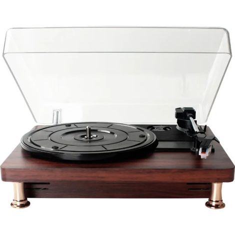 Platine vinyle rétro (finition acajou), compatible Bluetooth, pouvant servir de cadeau, de décoration et d'enceinte. (1/5)