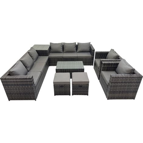 Fimous 10 Seater Garden Outdoor Rattan Furniture Set Patio Corner Sofa Rectangular Coffee Table with 2 Small Stool Dark Grey (1/5)