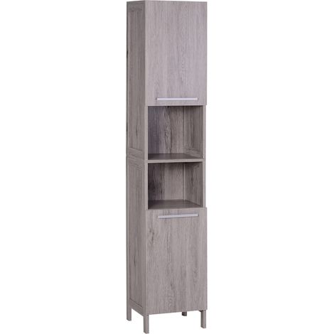 Badezimmer-Aufbewahrungssäule, Maße 30 x 32 x 172 cm (L x B x H), 2 Schränke mit Einlegeböden + 2 Nischen, MDF, Holzoptik, grau