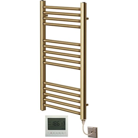 York Flat Brushed Brass Electric Towel Rail 400mm Wide x 800mm High + 7 Day Timer/Thermostat