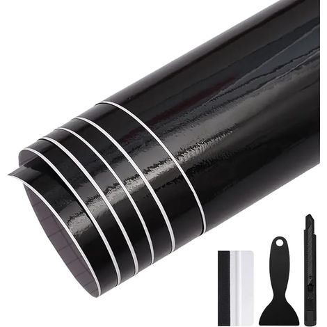 300cm x 30cm Covering Noir Brillant de Voiture Film Autocollant Adhésif Film de Protection pour Voiture Intérieure/Extérieure, Moto, Vélo (Noir Brillant, 150cm x 30cm) (1/5)