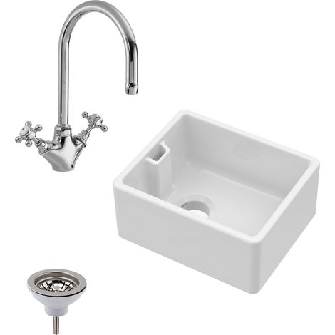 Fireclay Kitchen Bundle - Compact 460mm Belfast Sink + Overflow, Strainer Waste & Mono Sink Mixer Tap in White Finish by Balterley (1/4)