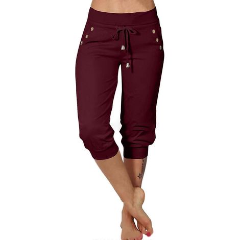 Sportliche Capri-Leggings mit hohem Bund, geeignet für Damen, atmungsaktives Material, elastischer Bund, lässige Sporthose, bordeauxrot, Größe XL (1/5)