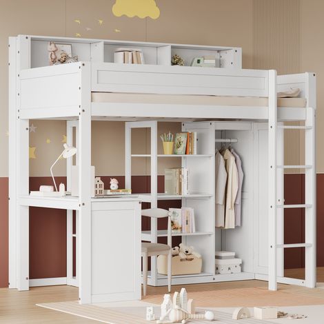 Cama alta infantil 90x200 cm con mesa y armario, barandilla de seguridad, estantes y escalera, colchón no incluido, color blanco (1/5)