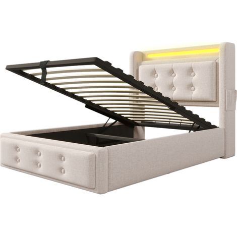 Lit Coffre Lit Simple 90×200 cm avec USB, Type-C et LED, sans Matelas, en Coton et Lin, Beige (1/5)