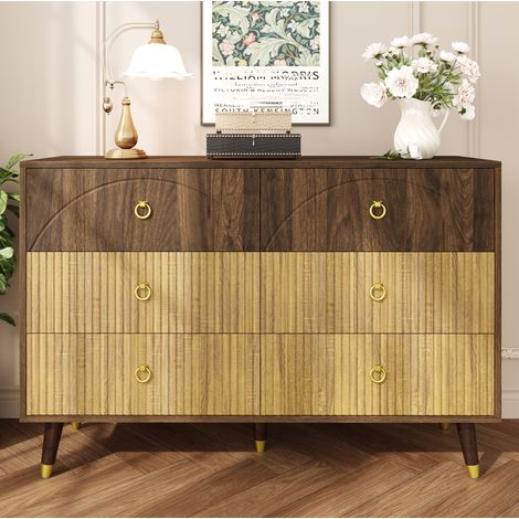 Commode 120x40x81 cm naturelle en MDF et panneaux de particules avec 6 tiroirs style rétro (1/5)