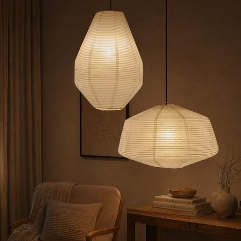 Set of 2 Diamond Paper Hanging Lampshades 35 x 50 cm and 49 x 30 cm, handmade rice paper, Japandi style, without bulb or cable (1/5)