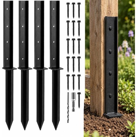 Kit de réparation de poteaux de clôture, 4 pièces 81 cm en acier robuste monobloc avec vis et foret pour poteaux de clôture en bois inclinés, cassés ou pourris (1/5)