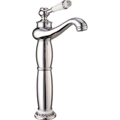 Robinet de salle de bain à col de cygne, à poignée unique, montage sur comptoir, à un seul trou, convient aux lavabos, robinet d'eau chaude et froide (finition brillante). (1/3)